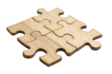 A smooth light wooden puzzle set composed of four interlocked pieces, emphasizing clean lines and natural material, isolated on a transparent background