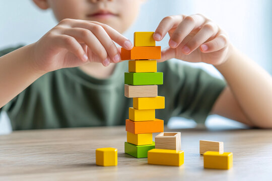 A young boy is playing with a stack of wooden blocks