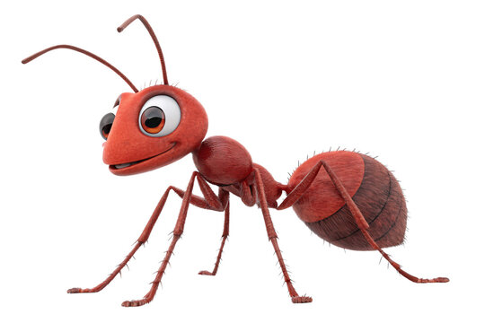 A vibrant red ant with cheerful eyes, textured body, and poised stance, radiating a friendly demeanor, isolated on a transparent background