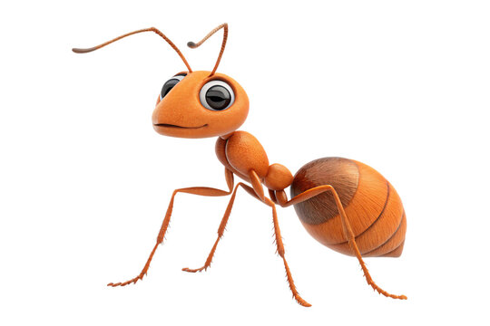 An orange ant with large, expressive eyes, sleek segmented body, and spindly legs standing confidently, isolated on a transparent background