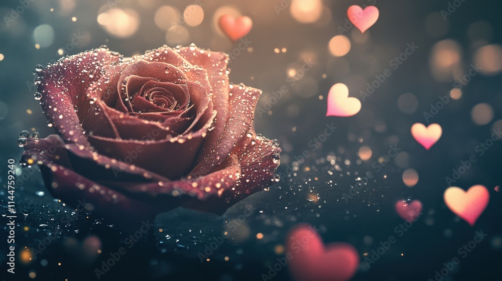 Poster stunning rose with sparkling droplets, surrounded by softly glowing hearts in a pose on a dark backg