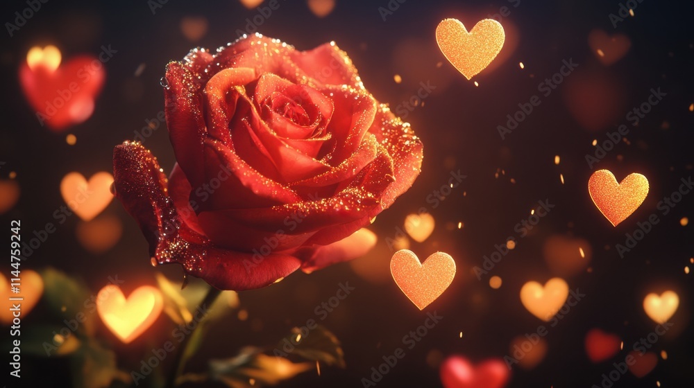 Poster stunning rose with sparkling droplets, surrounded by softly glowing hearts in a pose on a dark backg