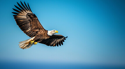 Obraz premium Majestic eagle soaring gracefully against a clear blue sky.