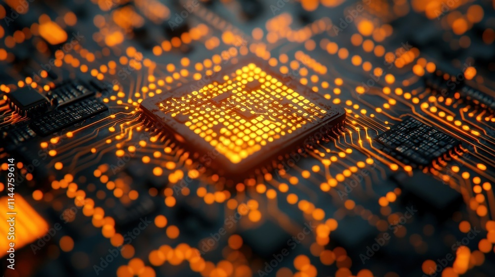 Poster close-up of a glowing microchip on a circuit board.