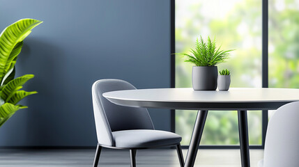 Modern interior featuring minimalistic design, plants, and a cozy dining setup.