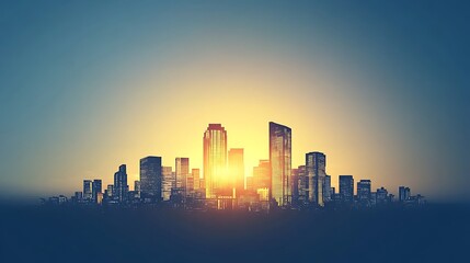 City skyline at sunrise, sun rising behind buildings.