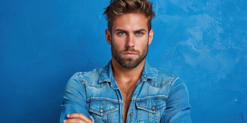 Portrait of a Bearded Man in Denim Jacket Against a Textured Blue Wall Background with a Strong Gaze and Confident Posture
