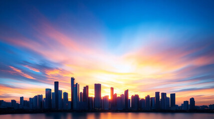 Obraz premium Stunning skyline at sunset with vibrant colors illuminating modern skyscrapers.