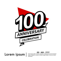 100th years anniversary celebration emblem. black anniversary logo isolated with ribbon and red triangle on white background. vector illustration template design for web, flyers, poster, greeting card