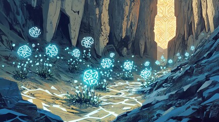 Glowing crystals illuminate a mystical cave path.