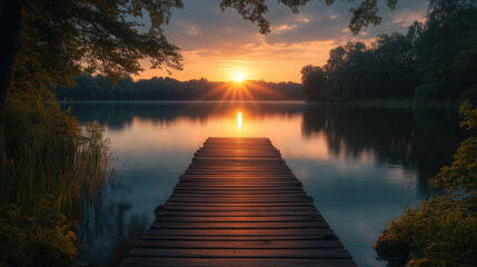 Fototapeta premium Sunrise over calm lake with wooden dock surrounded by trees and reflections on water