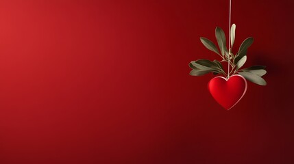 Red Heart with Olive Branch - Love, romance, nature, hope, celebration. A red heart hangs adorned with an olive branch against a deep red background.