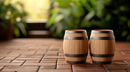 Two wooden barrels positioned elegantly on a tiled floor surrounded by lush greenery.