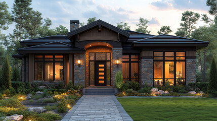 Fototapeta premium Modern residential house with stone facade and landscaped garden during twilight hours