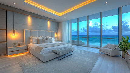 Luxurious oceanfront bedroom with stunning views and modern design at sunset