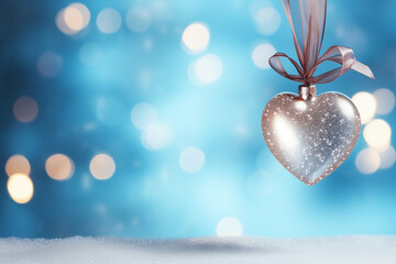 A heart-shaped glass Christmas ornament on golden ribbon light blue bokeh background. The perfect design for your festive greeting card or banner