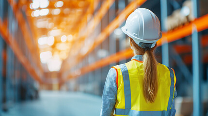 A female worker wearing a hard hat and safety vest observes an industrial warehouse.