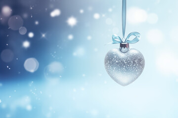 A heart-shaped glass Christmas ornament with a blue ribbon and snowflakes, The perfect design for your festive greeting card or banner
