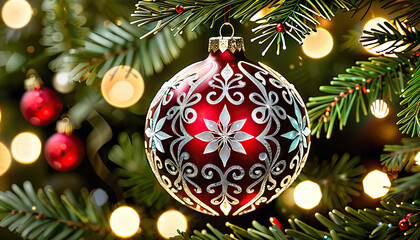Red Christmas Ornament with Silver Pattern on Decorated Fir Tree