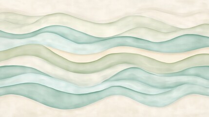 Fototapeta premium Soft, flowing waves of aqua blue, seafoam green, and pale beige overlap in a textured abstract design, evoking the calm and rhythmic motion of ocean tides under a tranquil sky.