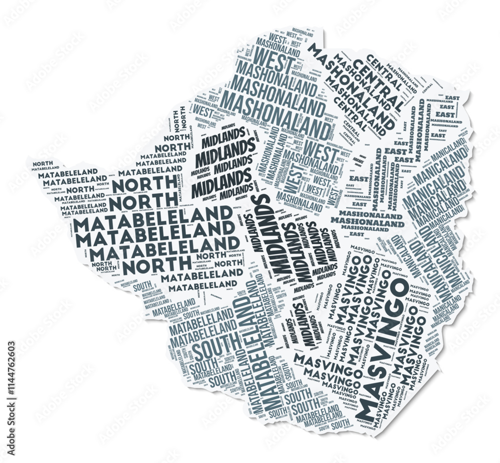 Poster zimbabwe shape text cloud. country border with shadow on white background. zimbabwe with regions div