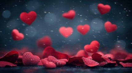 Obraz premium Vibrant rose petals sparkling with dew, floating hearts glowing warmly on a deep, text-friendly background.