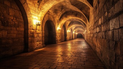 Spooky medieval dungeon with arched stone walls, a brick floor, and torches illuminating the hauntingly dark corridor