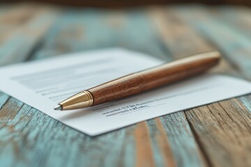 Close-Up of an Elegant Wooden Pen Placed Diagonally on a Blurred Document on Rustic Wooden Table Surface with Natural Light