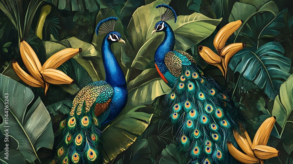 Wall mural Two peacocks amidst lush tropical foliage and ripe bananas.