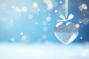 A transparent, heart-shaped glass Christmas ornament with a blue ribbon and snowflakes, The perfect design for your festive greeting card or banner