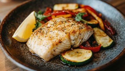 Grilled halibut with lemon butter and herbs on plate