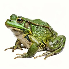 Obraz premium Large green bullfrog in a studio setting, resting on a plain white background