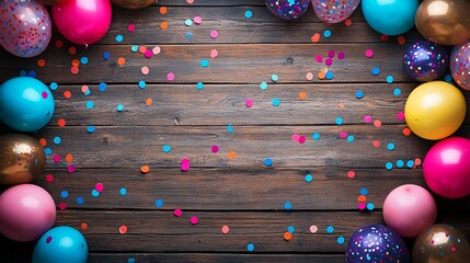 Confetti and Balloons on a Wooden Table Top.