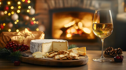 Enjoying a delightful pairing of fine cheese and wine beside a warm, inviting fireplace adorned for the holidays