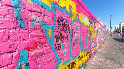 Fototapeta premium A vibrant pink graffiti wall adorned with colorful street art and tags.