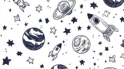 
Cartoon-style doodle planets, rockets, and stars for space exploration themes, studio style, white background, black color icon

