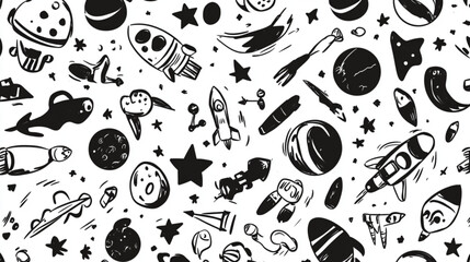 
Cartoon-style doodle planets, rockets, and stars for space exploration themes, studio style, white background, black color icon

