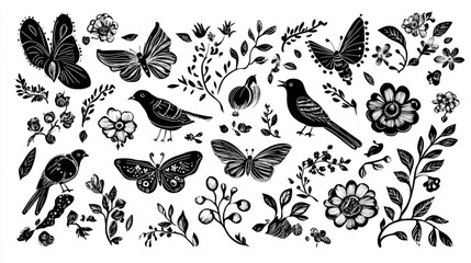Cartoon-style doodles of flowers, butterflies, and birds for decorative elements