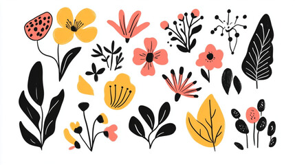 
Cartoon-style doodles with retro-inspired flower and line designs for vector sets