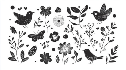 Cartoon-style doodles of flowers, butterflies, and birds for decorative elements