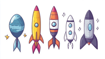 
Cartoon-style doodle planets, rockets, and stars for space exploration themes, studio style, white background, black color icon

