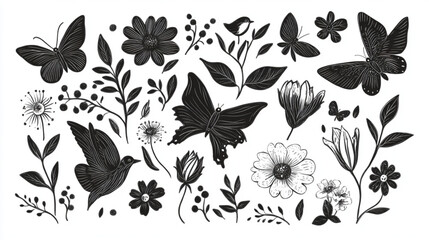 Cartoon-style doodles of flowers, butterflies, and birds for decorative elements