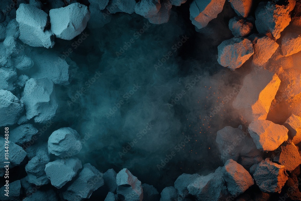 Poster a dynamic scene featuring a circular arrangement of textured rocks, surrounded by swirling mist and 