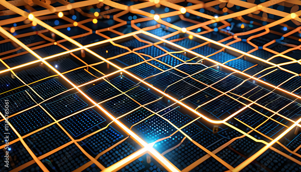 Poster abstract digital grid with illuminated pathways
