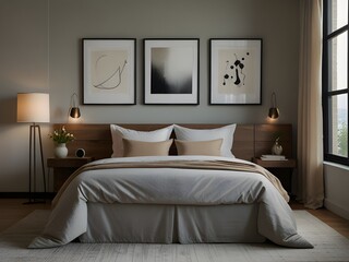 minimalist bedroom interior with wooden bed, geometric art poster, soft gray walls, natural sunlight, and clean, cozy design