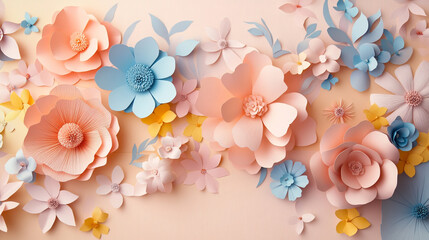 Floral paper cut art illustration background with beautiful elegant floral patterns and soft colors, Artistic display of handcrafted pastel paper flowers arranging randomly with patterns.