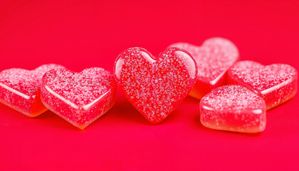 Red gummy hearts on a vibrant red background for Valentine's Day celebration