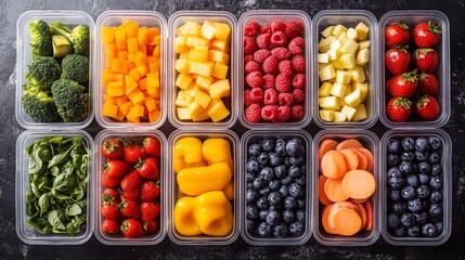 Containers of various fresh fruits and vegetables.