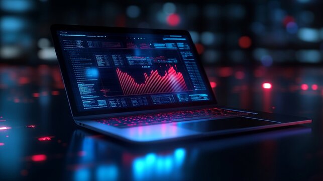 A laptop displaying various graphs and charts on its screen is sitting on a reflective surface.