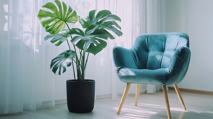 Monstera deliciosa plant beside a teal armchair in sunlight.